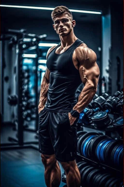 Power Couple Gym Wallpaper 壁紙 — 一個肌肉發達的男人穿著黑色背心，自信地站在一個光線昏暗、有藍色燈光和啞鈴的健身房裡。