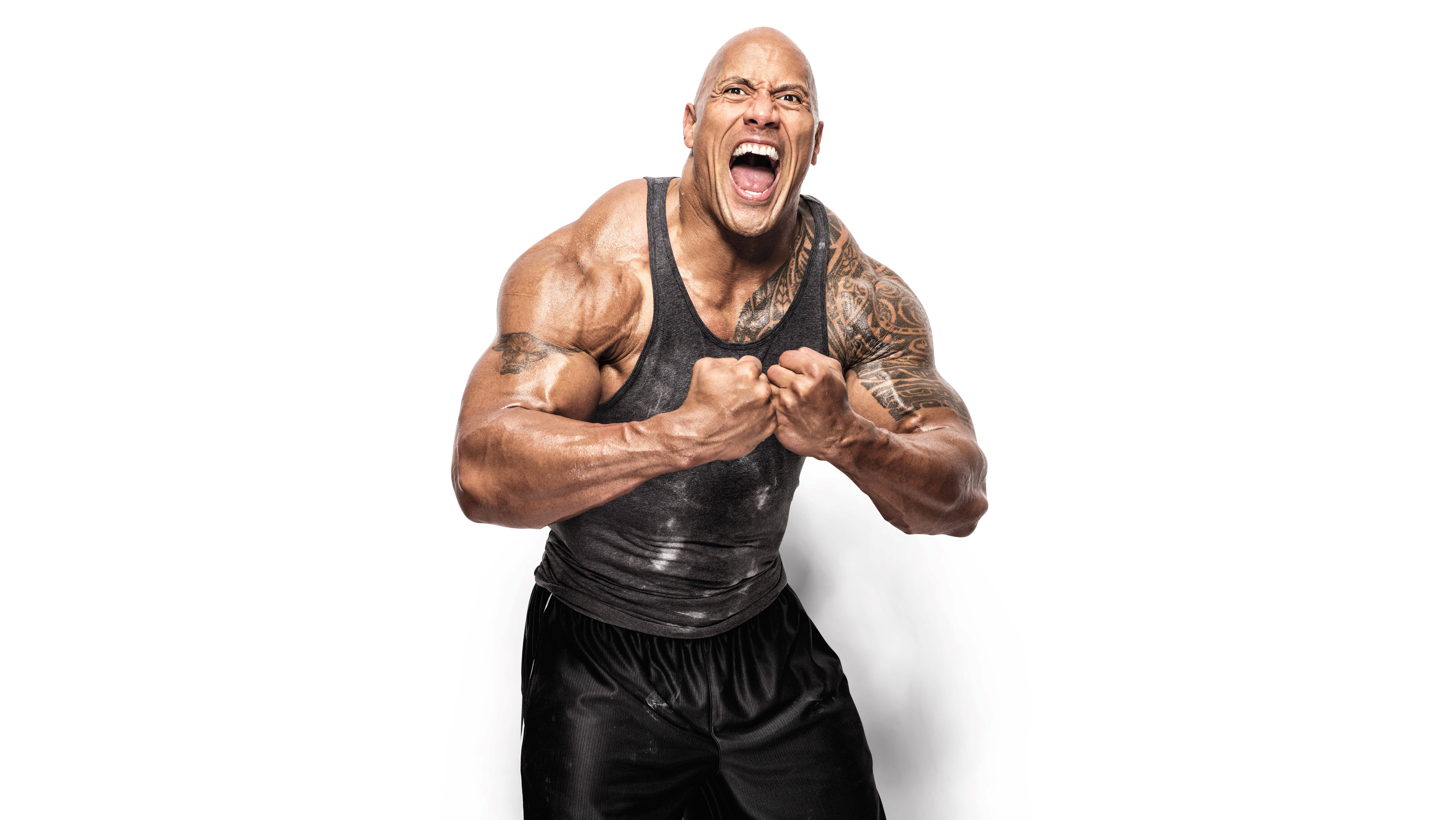Dwayne 桌布 壁紙 — 一個肌肉發達的男人穿著黑色背心，在純白背景下握緊拳頭咆哮。