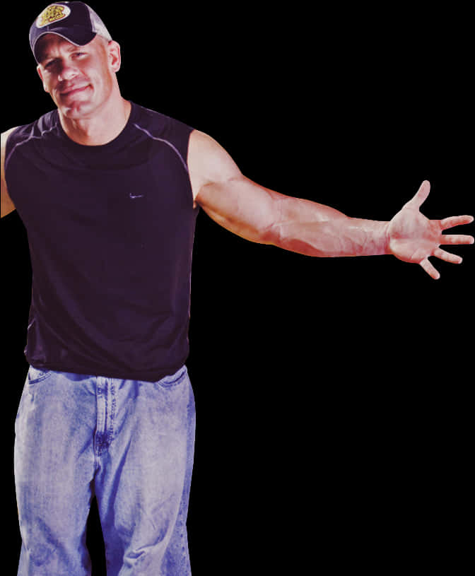 WWE 桌布 壁紙 — 一個肌肉發達的男人穿著黑色背心和牛仔褲，在純黑色背景下伸出手臂。