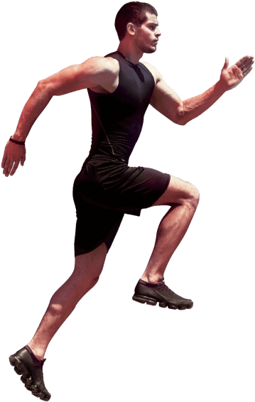 Fitness 桌布 壁紙 — 一個肌肉發達的男人穿著黑色運動裝備，在黑色背景下以動態跑步姿勢向前邁進。