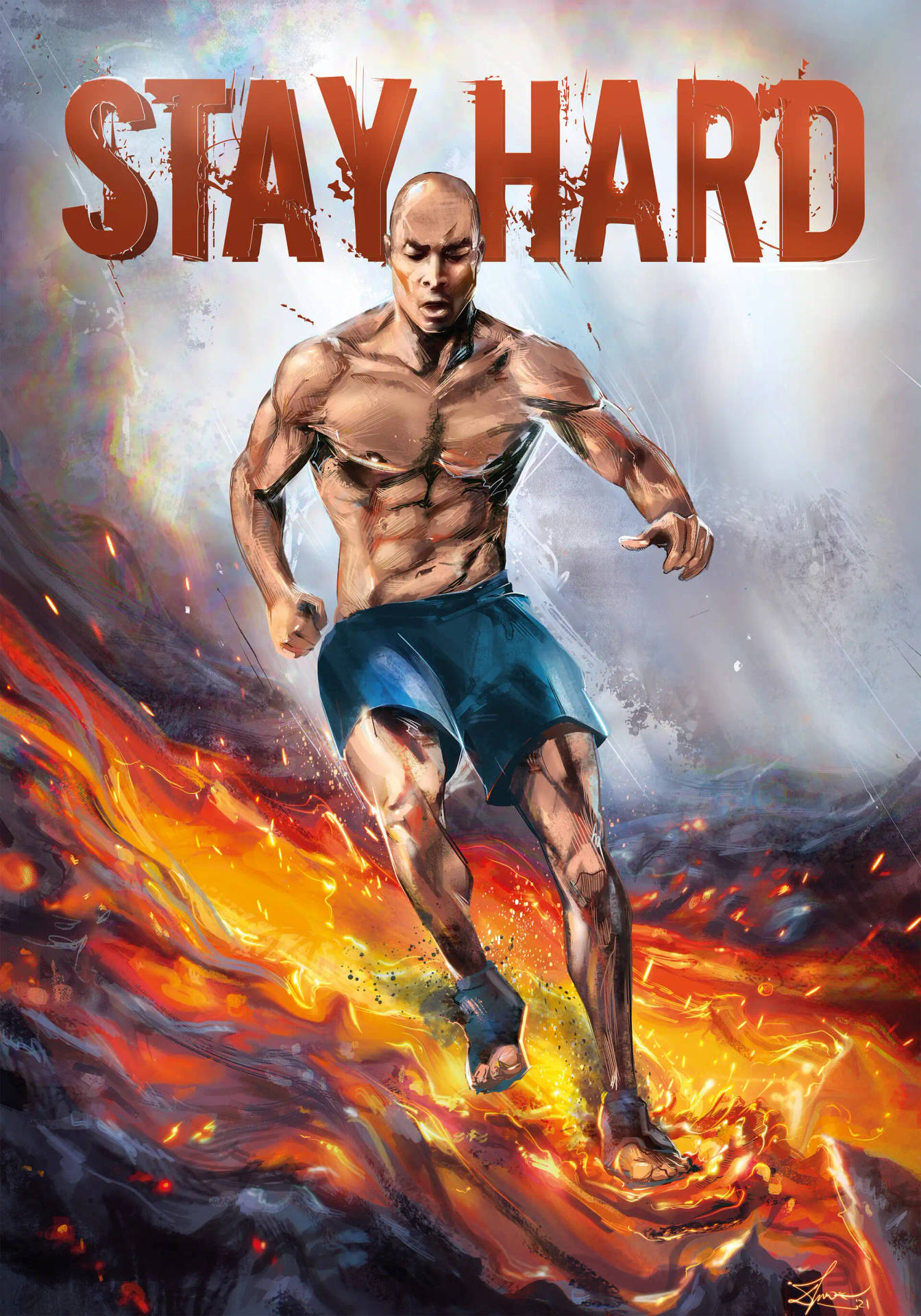 一個肌肉發達的男人穿過火焰奔跑，上方帶有「STAY HARD」文字。 — 勵志動圖 壁紙