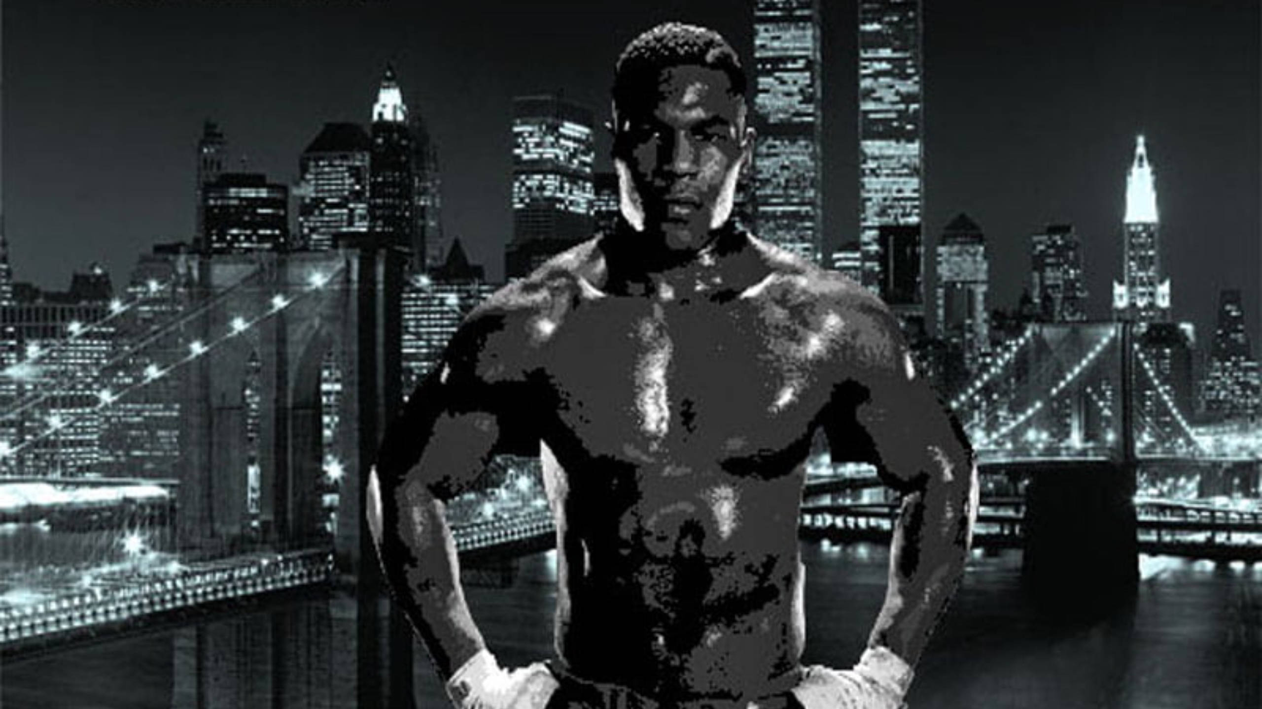 Boxing 桌布 壁紙 — 一個肌肉發達的男人自信地站在夜晚發光的紐約市天際線前，身後有橋樑和摩天大樓。
