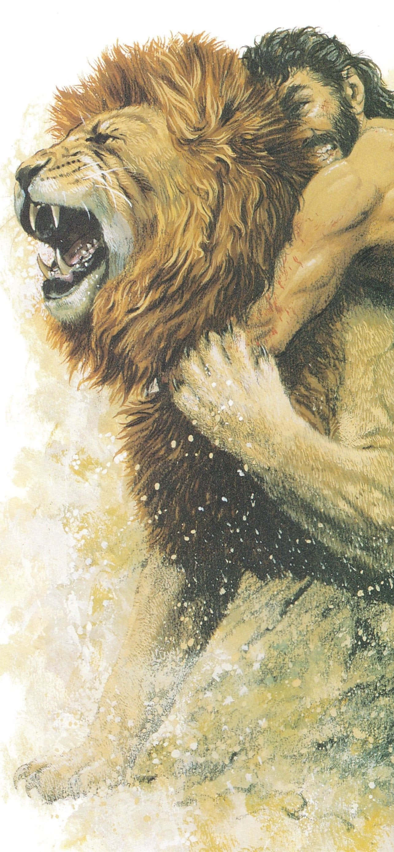 獅子 桌布 壁紙 — 一個肌肉發達的男人與咆哮的獅子搏鬥，動態水彩插圖。