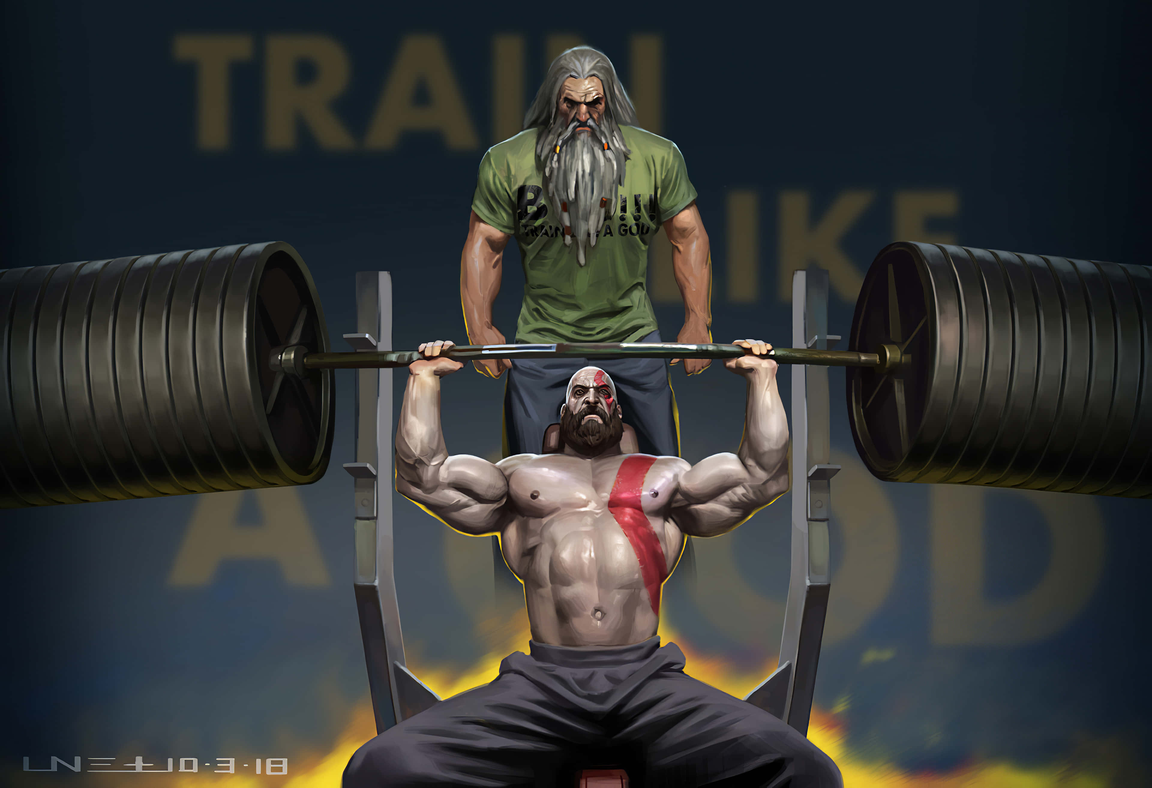 Exercise 桌布 壁紙 — 一個肌肉發達的男人舉起沉重的槓鈴，而一位留鬍子的教練在火熱的健身房中專注地觀看。