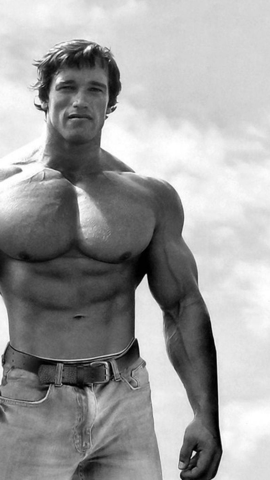 Arnold 桌布 壁紙 — 一個肌肉發達的男人赤裸上身站在多雲的天空下，以黑白照片展示清晰的腹肌和強壯的手臂。