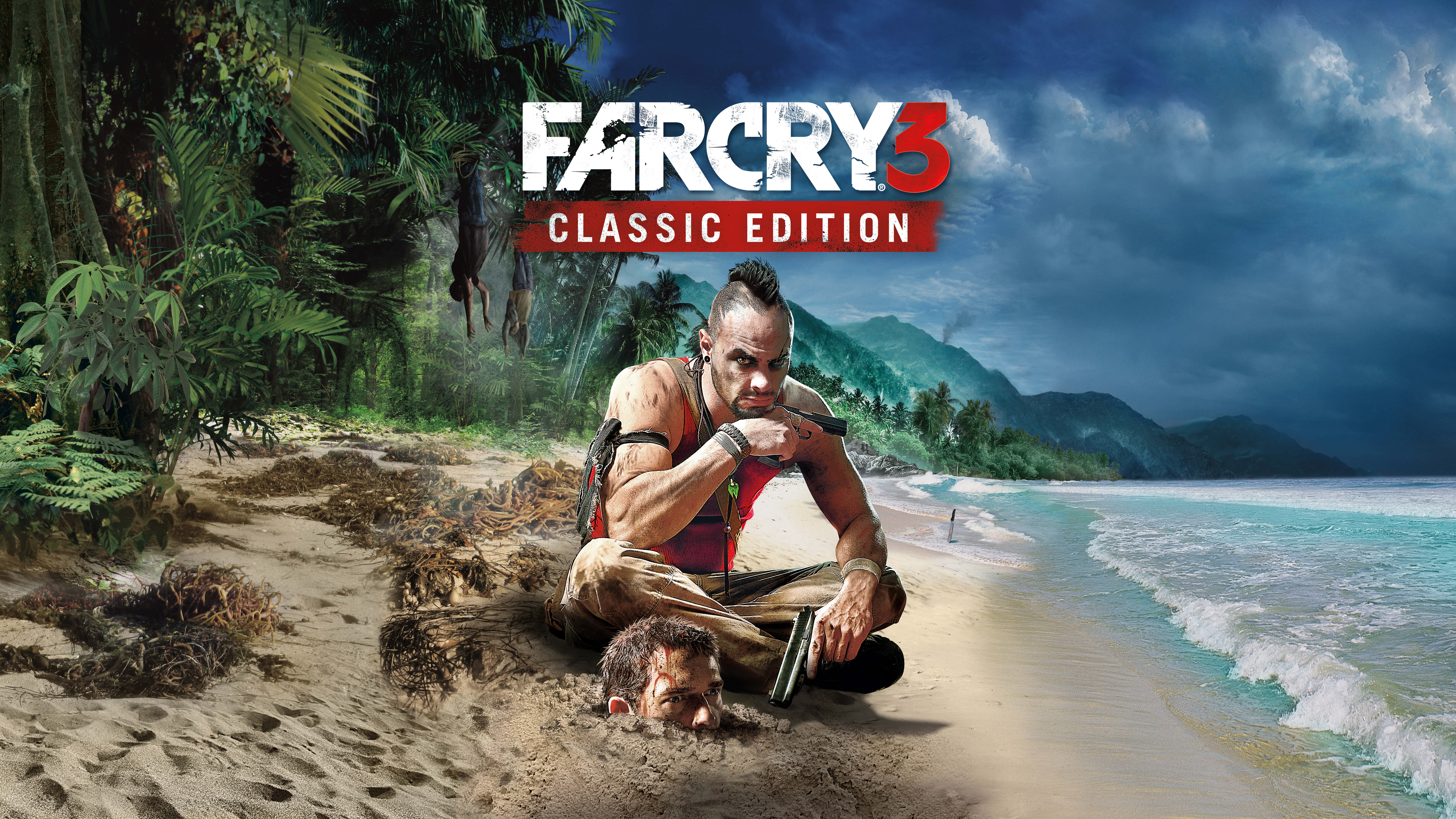 Far Cry 桌布 壁紙 — 一個肌肉發達的男人蹲在熱帶海灘上，手持槍枝，另一個男人的頭埋在沙中，天空風暴密佈。