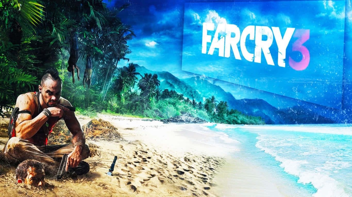 1366x768 Far Cry 3 桌布 壁紙 — 一個肌肉發達的男人蹲在熱帶海灘上，手持槍支，旁邊有一隻猴子，Far Cry 3 標誌懸掛在充滿活力的叢林和海洋之上。