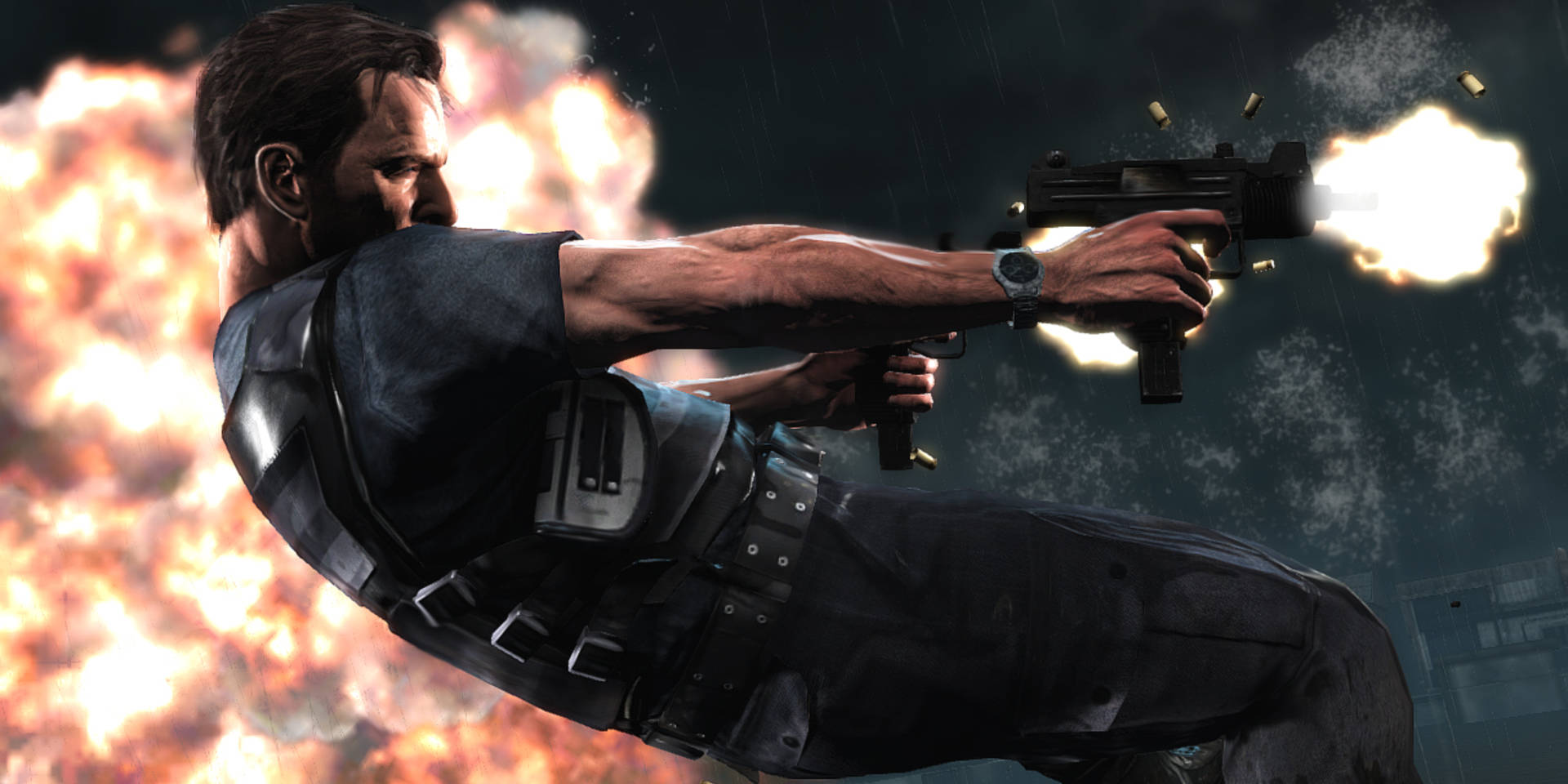Max Payne 桌布 壁紙 — 一個肌肉發達的男子身穿戰術裝備，在 gritty 的城市戰鬥場景中，身後爆炸四起，他正發射衝鋒槍。