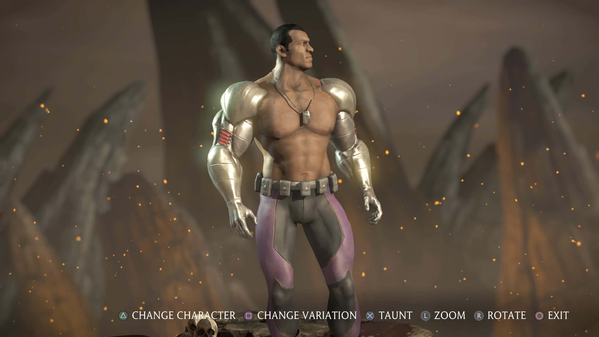 Mortal Kombat Jax 桌布 壁紙 — 一個肌肉發達的男性戰士，身穿銀色盔甲和紫色褲子，站在一個岩石競技場中，周圍漂浮著發光的餘燼。