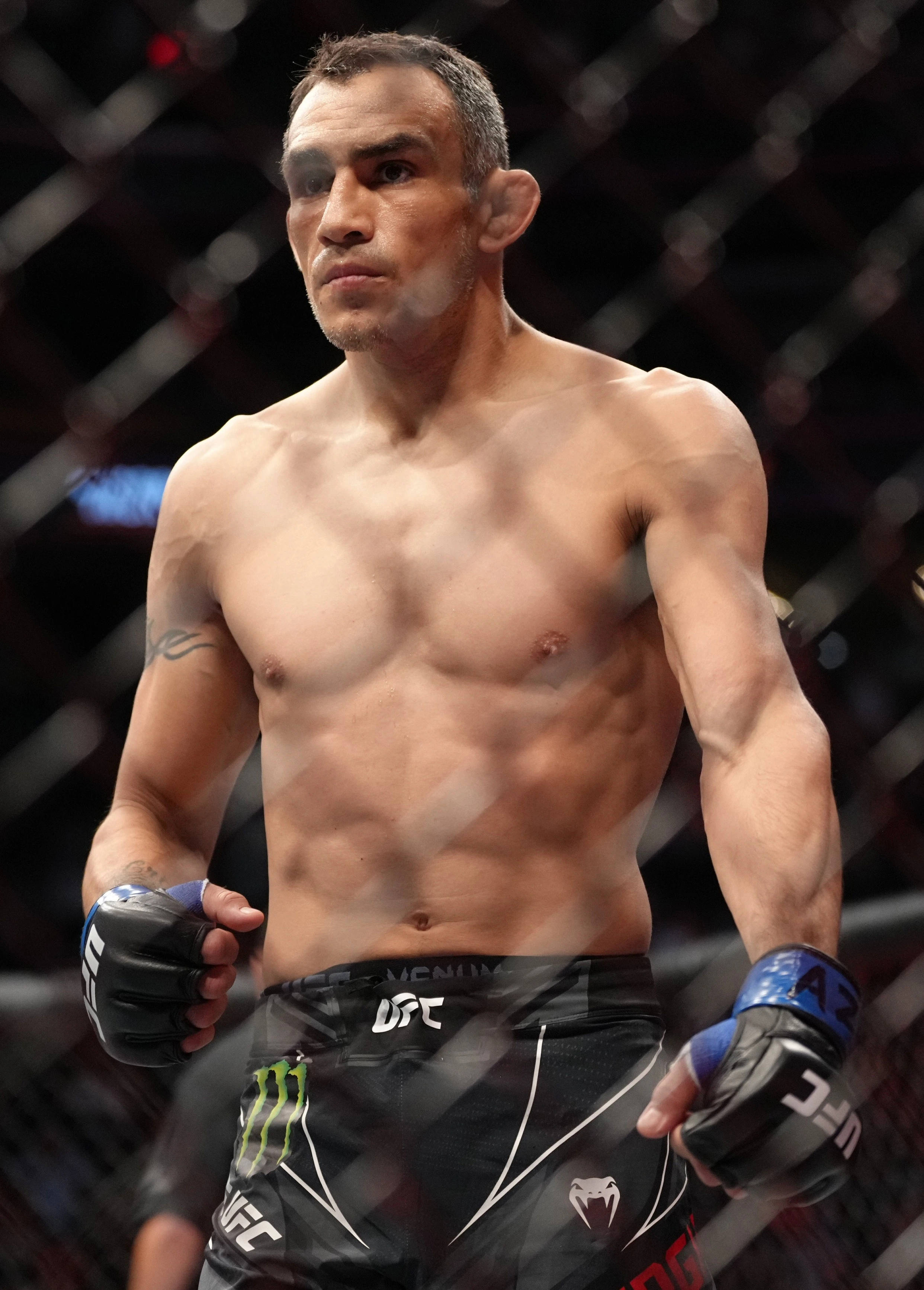 恐怖動圖 桌布 壁紙 — 一個肌肉發達的男性拳手，穿著黑色UFC短褲和手套，在明亮的場館燈光下，激烈地站在八角籠內。