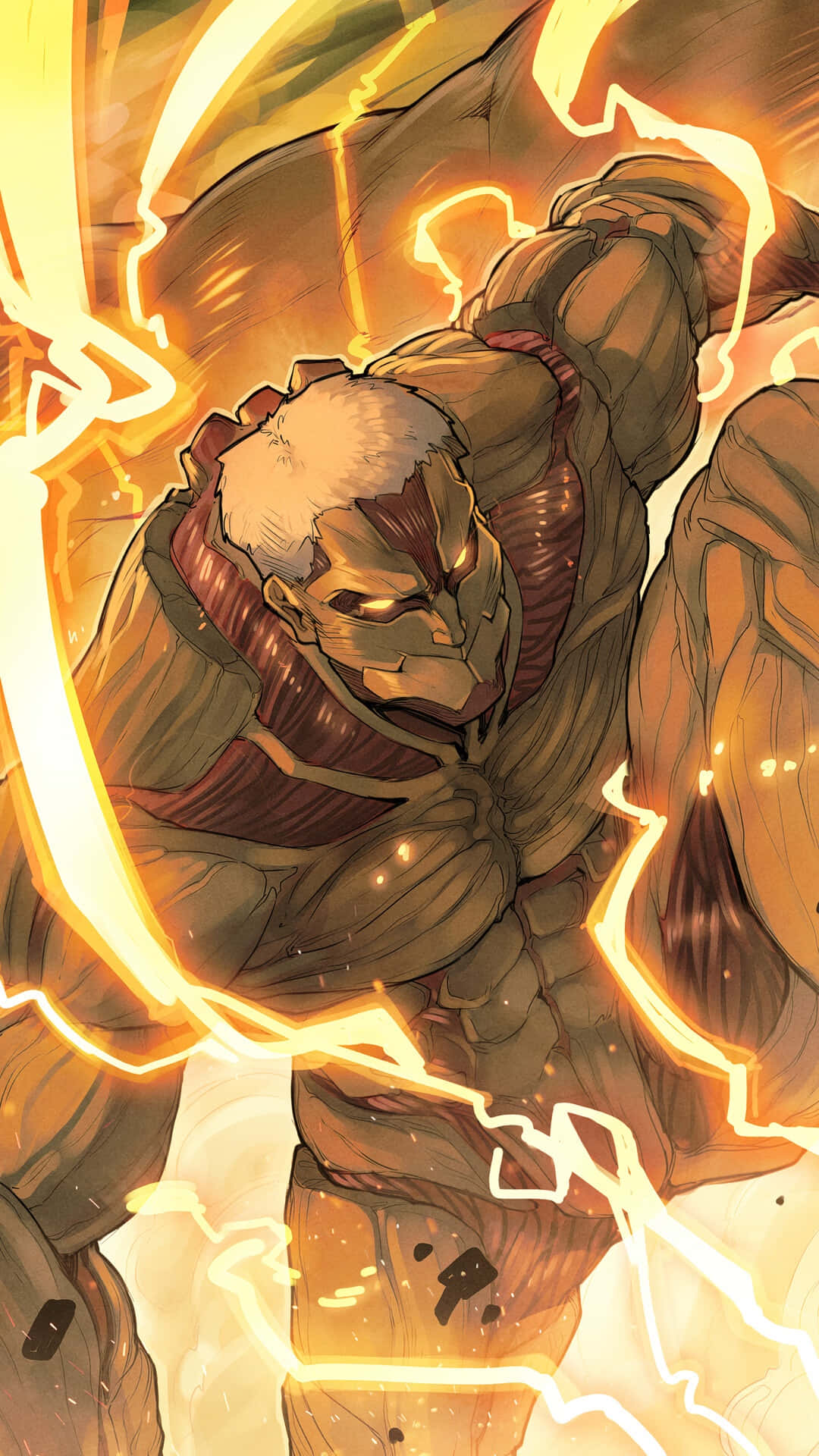 Humanoid Monsters 桌布 壁紙 — 一個肌肉發達的白髮動漫戰士，在動態戰鬥姿勢中，緊握的拳頭周圍噼啪作響地閃爍著黃色發光能量。