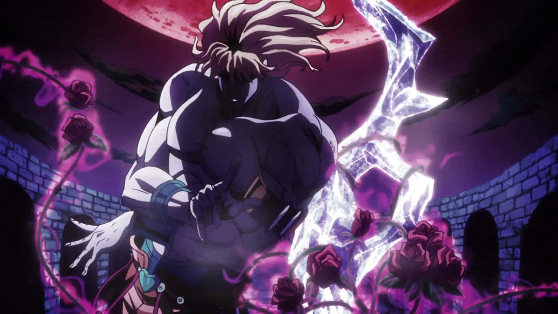 Dio Brando 桌布 壁紙 — 一個肌肉發達的白髮動漫戰士在紫色玫瑰和血紅色的月亮中揮舞著發光的劍。
