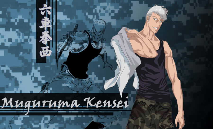 Kensei Muguruma 桌布 壁紙 — 一個肌肉發達的白髮動漫男人穿著背心，自信地站在像素化藍色背景前，並顯示他的名字。