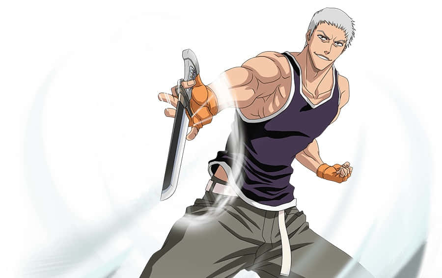 Kensei Muguruma 桌布 壁紙 — 一個肌肉發達的白髮動漫男子，手持劍向前衝刺，背景是旋轉的光效。