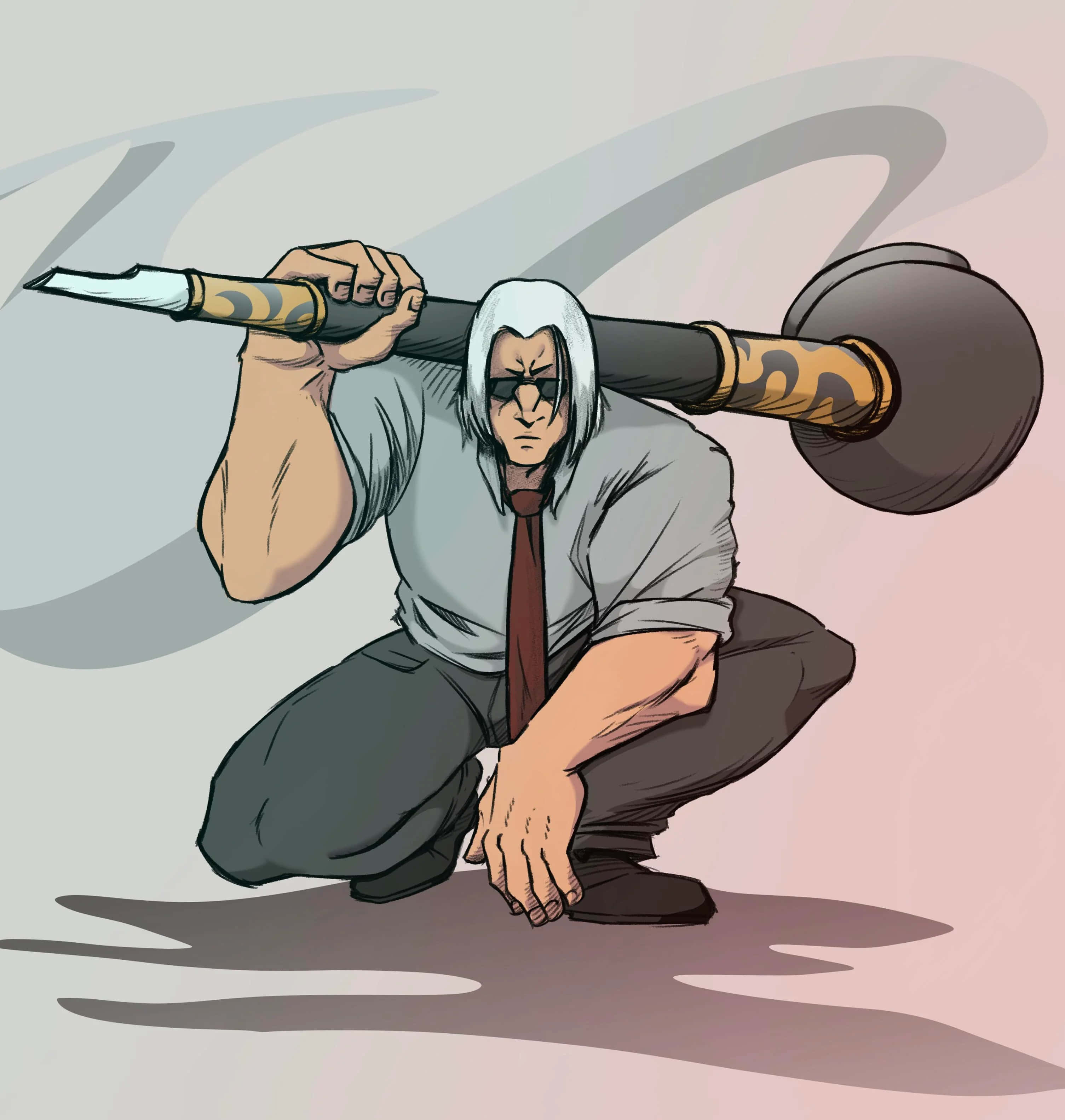 Morel Mackernasey 桌布 壁紙 — 一個肌肉發達的白髮動漫男子戴著太陽眼鏡，蹲下並將一根大管子扛在肩上。