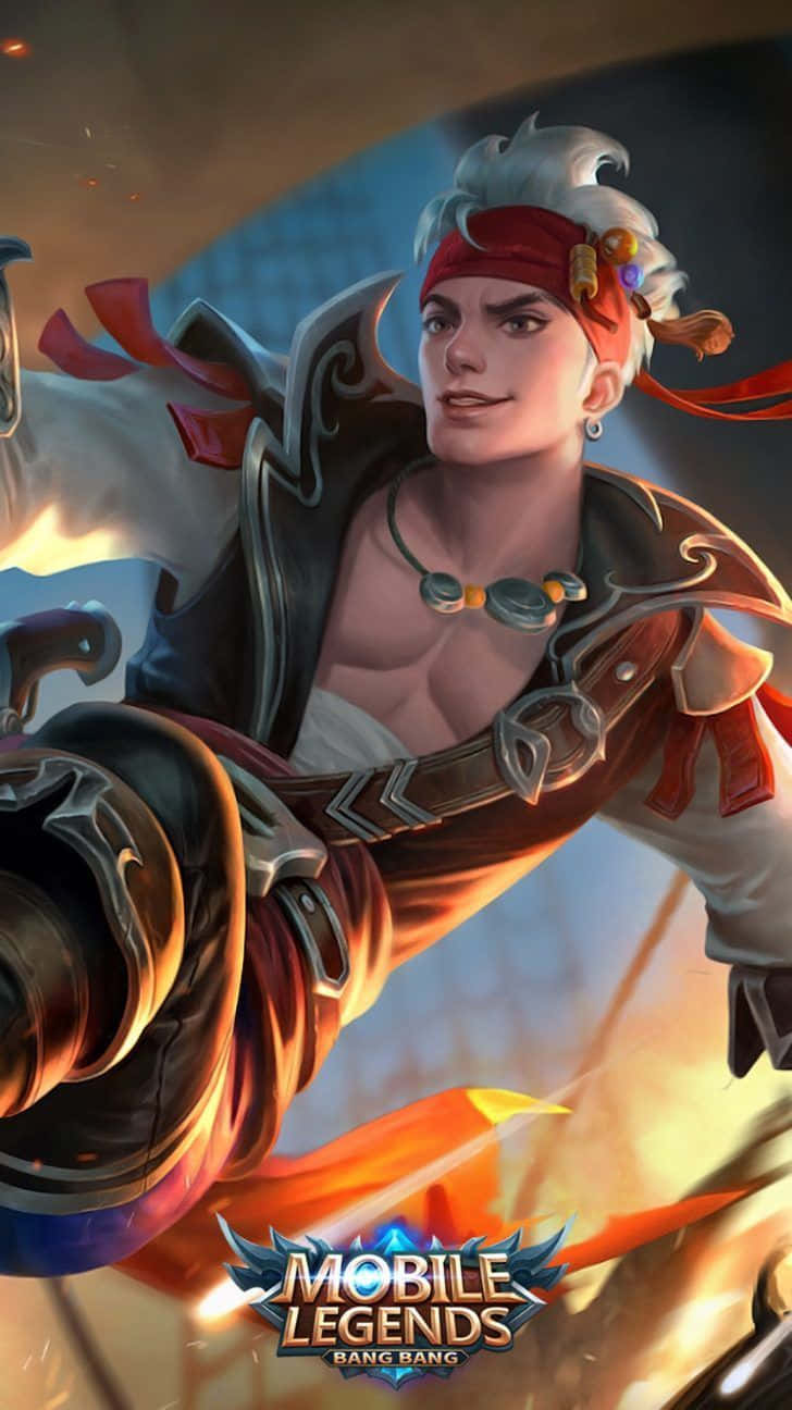 Mobile Legends 動態圖 桌布 壁紙 — 一個肌肉發達的白髮戰士，戴著紅色頭帶，在火熱背景下揮舞著發光武器，遊戲插圖。