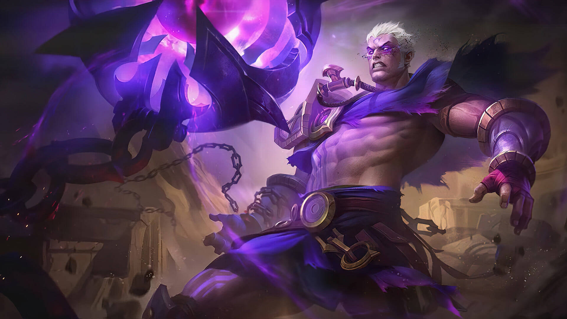 heroes 桌布 壁紙 — 一個肌肉發達的白髮戰士在煙霧瀰漫的戰場背景下揮舞著發光的紫色鎖鏈武器。