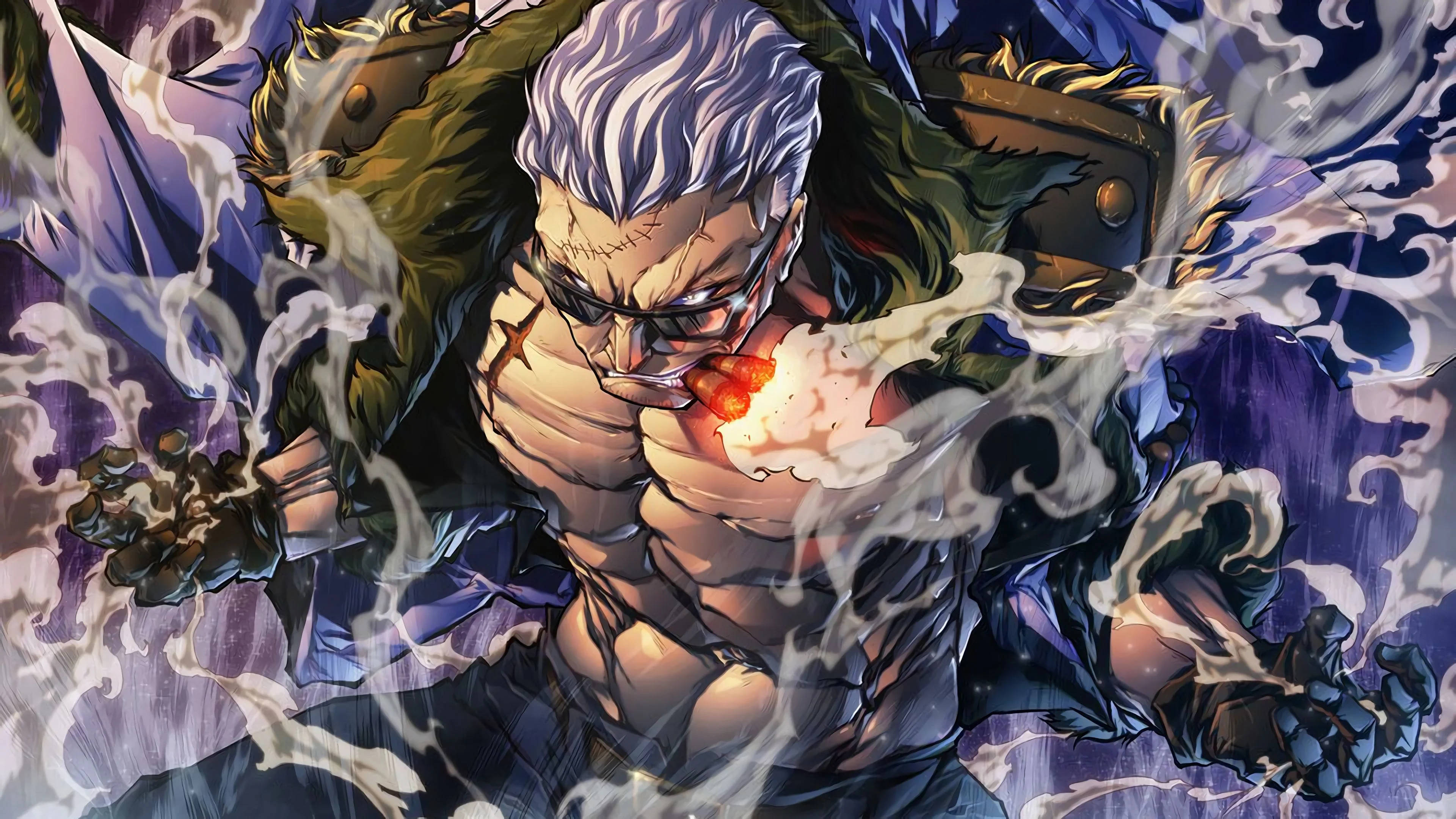 one piece art 桌布 壁紙 — 一個肌肉發達的白髮戴眼鏡動漫戰士，在旋轉的紫色和藍色背景下，從胸口噴出蒸汽咆哮。