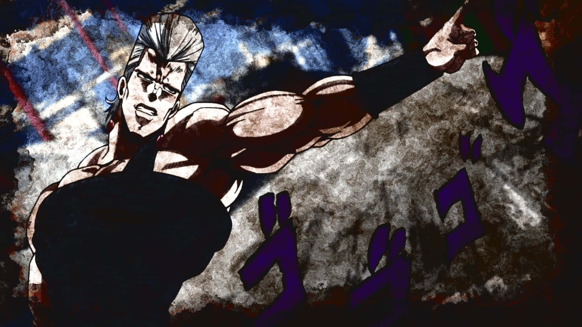 Jean Pierre Polnareff 桌布 壁紙 — 一個肌肉發達的白髮戴眼鏡動漫男子，在暴風雨的天空背景下，握緊拳頭向前衝刺。