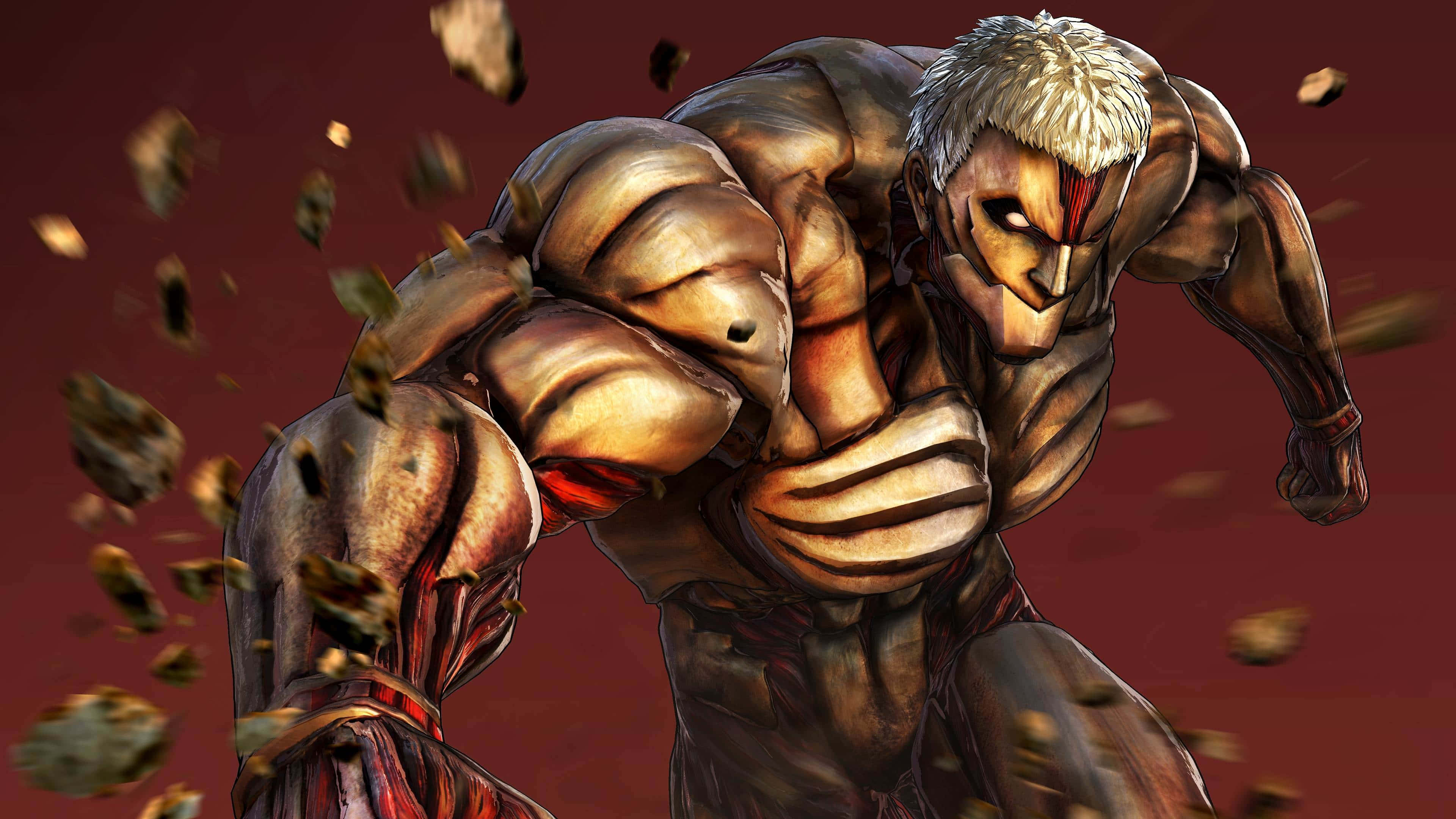 Armored Titan 桌布 壁紙 — 一個肌肉發達的白髮紅紋動漫戰士向前衝刺，周圍岩石爆炸，背景為深紅色。