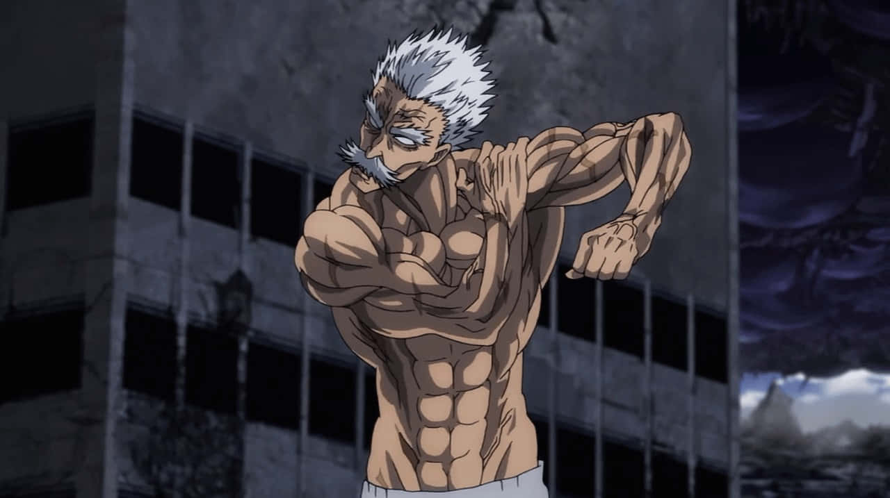 One Punch Man Bang 桌布 壁紙 — 一個肌肉發達的白髮鬍鬚動漫男子在暴風雨的天空下，在廢墟建築前強力展示肌肉。