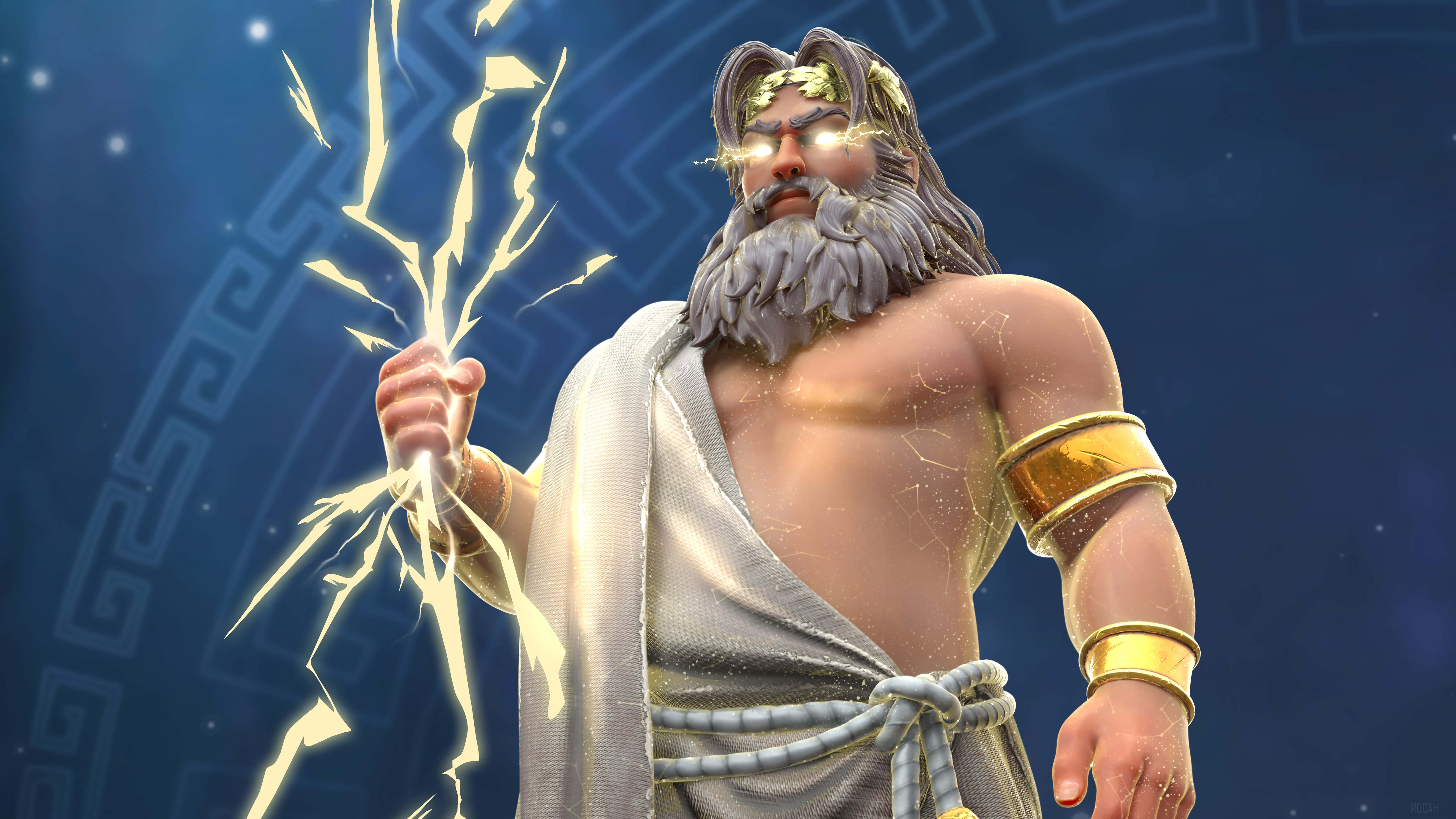 zeus 桌布 壁紙 — 一個肌肉發達的神，鬍鬚發光，眼睛金色，在帶有希臘鑰匙圖案的星空藍色背景上揮舞著噼啪作響的閃電。