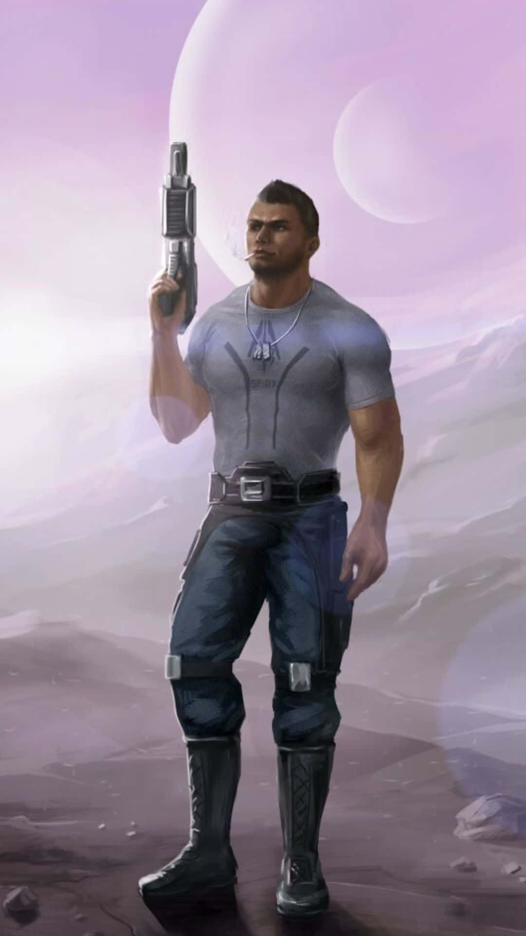 James Vega 桌布 壁紙 — 一個肌肉發達的科幻士兵站在紫色外星行星上，在發光的月亮下拿著未來手槍。