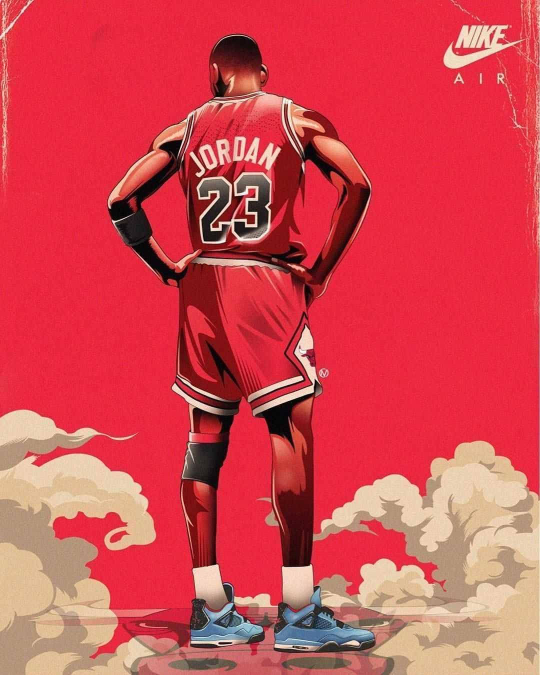 Nike 桌布 壁紙 — 一個肌肉發達的籃球運動員穿著紅色Jordan 23球衣，雙手叉腰，自信地站在一個大膽的紅色背景前，下方有風格化的雲朵。