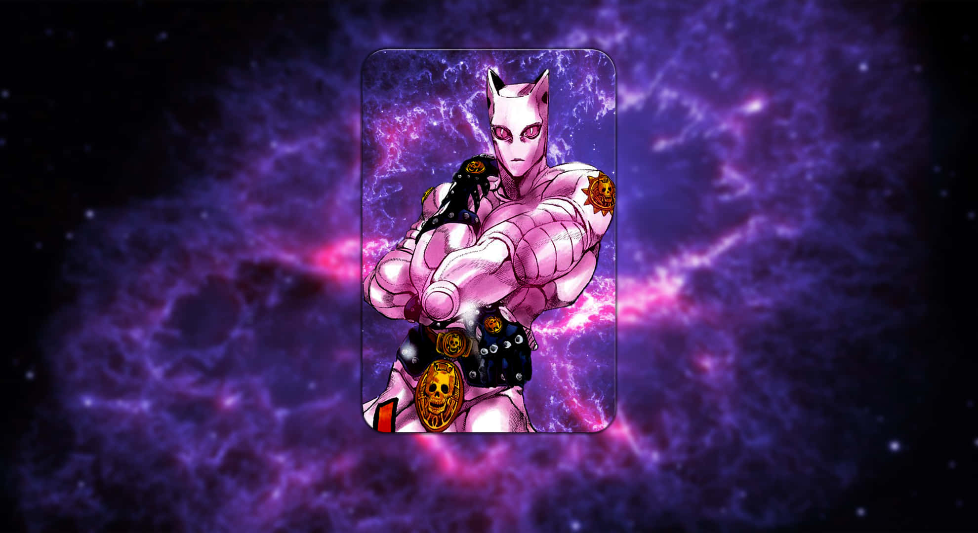 Jojo Stands 桌布 壁紙 — 一個肌肉發達的粉紅色貓形動漫角色，有著紅色眼睛和骷髏腰帶，站在宇宙紫色星雲背景前。
