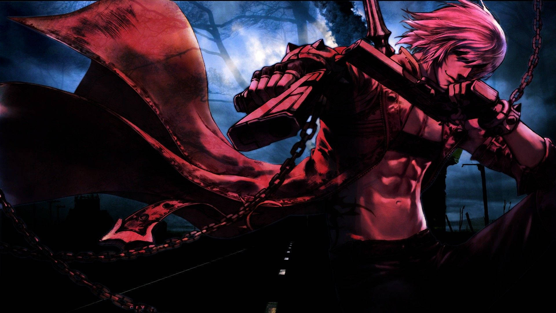 惡魔獵人 桌布 壁紙 — 一個肌肉發達的粉紅色頭髮動漫戰士在深藍色天空下揮舞著鎖鏈武器，紅色斗篷飄揚。