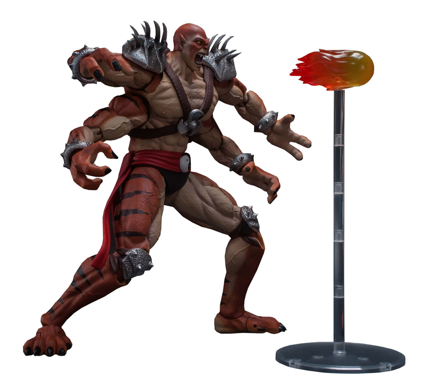 Mortal Kombat Kintaro 桌布 壁紙 — 一個肌肉發達的紅皮膚戰士形象，戴著尖刺護手，手持一個放在支架上的火焰球體，在白色背景前動態擺姿勢。