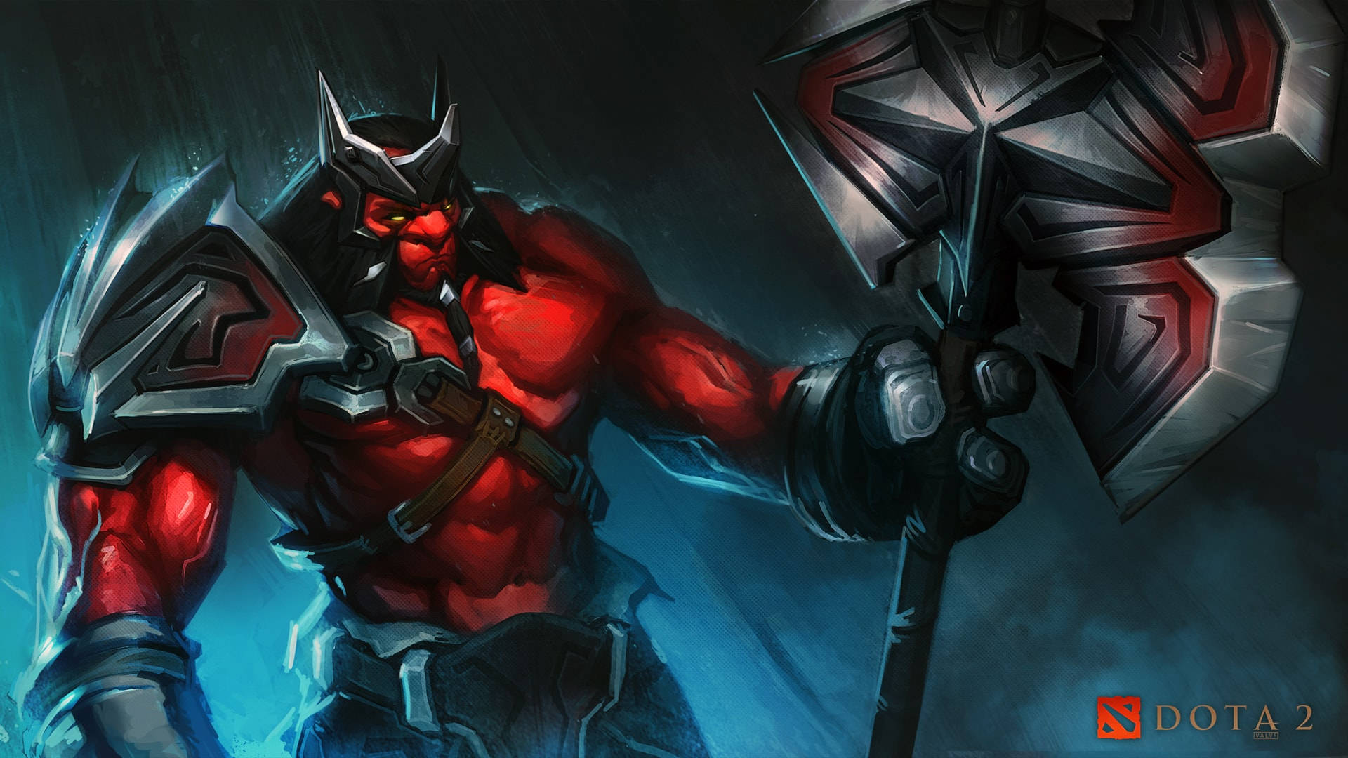 Dota 2 桌布 壁紙 — 一個肌肉發達的紅皮膚戰士身穿暗色盔甲，在暴風雨般的藍色背景下揮舞著巨大的尖刺狼牙棒。