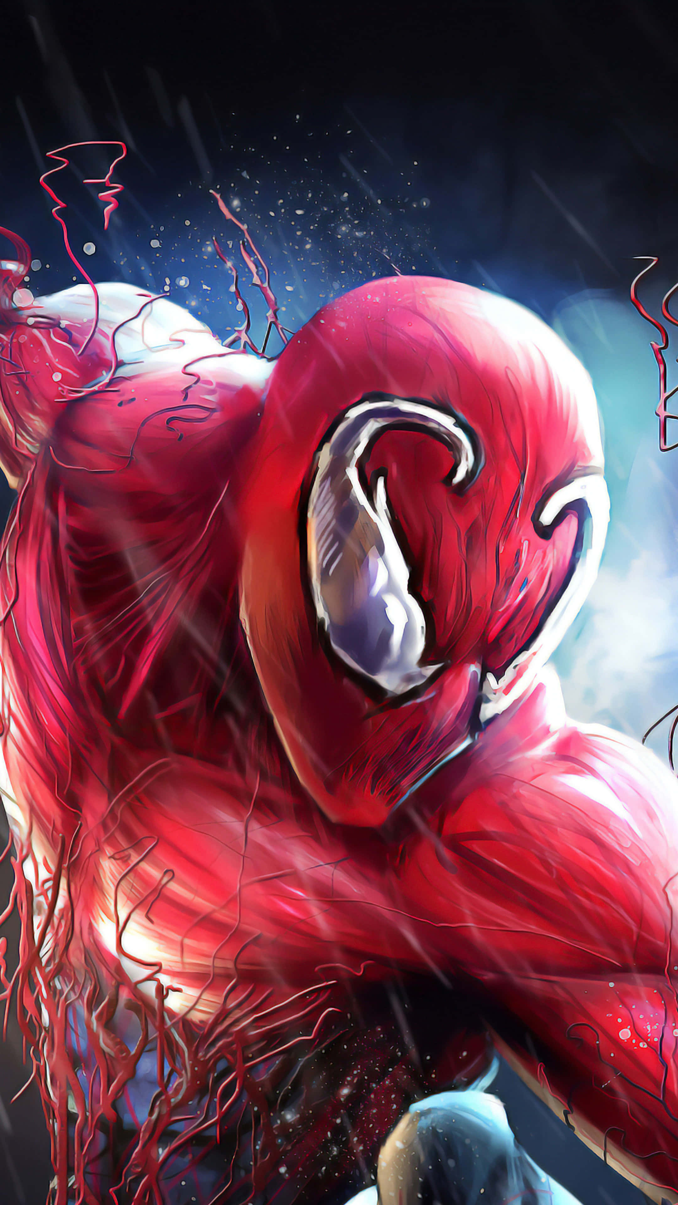 Spider Carnage 桌布 壁紙 — 一個肌肉發達的紅色共生體生物，擁有白色眼睛和觸手，在黑暗的雨中衝破而出，背景是宇宙。