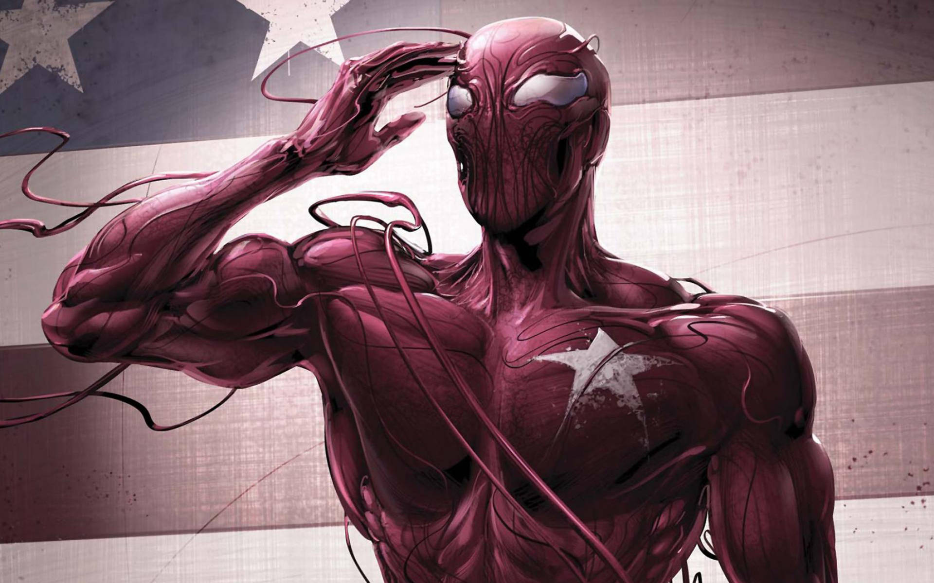 carnage 4K 桌布 壁紙 — 一個肌肉發達的紅色共生體超級英雄在褪色的美國國旗背景前敬禮，背景有星星和條紋圖案。