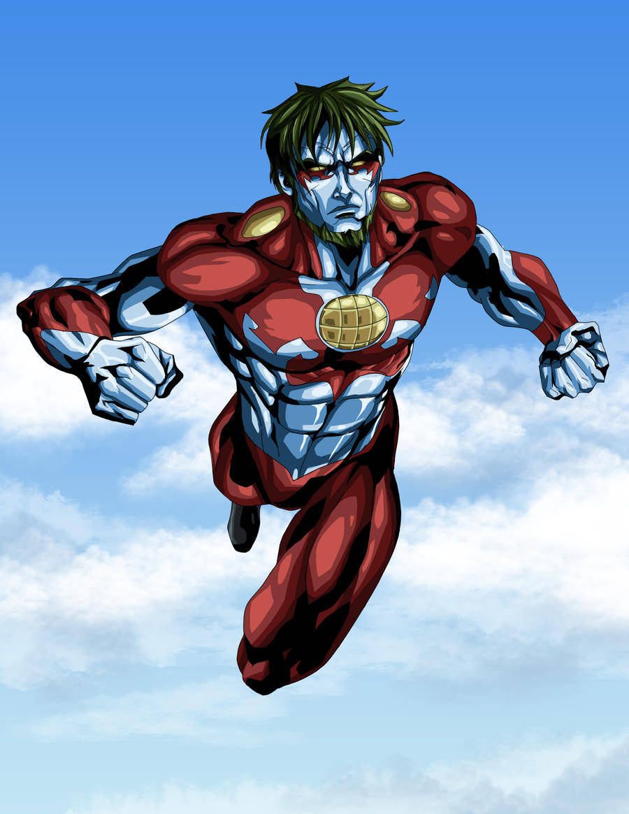 Captain Planet 桌布 壁紙 — 一個肌肉發達的紅色和銀色盔甲超級英雄在藍天白雲中翱翔。
