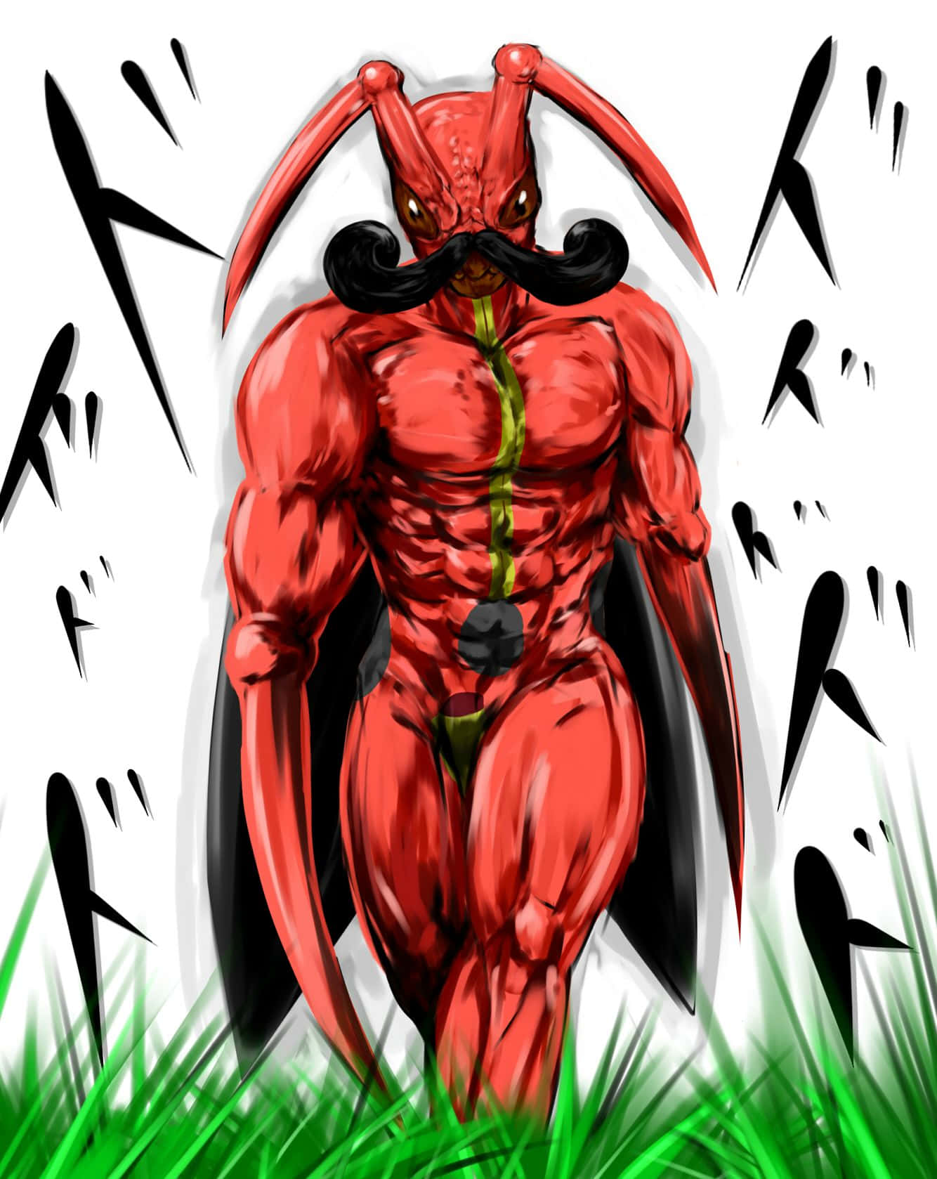 藝術 桌布 壁紙 — 一個肌肉發達的紅色惡魔，有黑色翅膀和鬍子，站在綠色草地上，帶有動態的黑色運動線條。