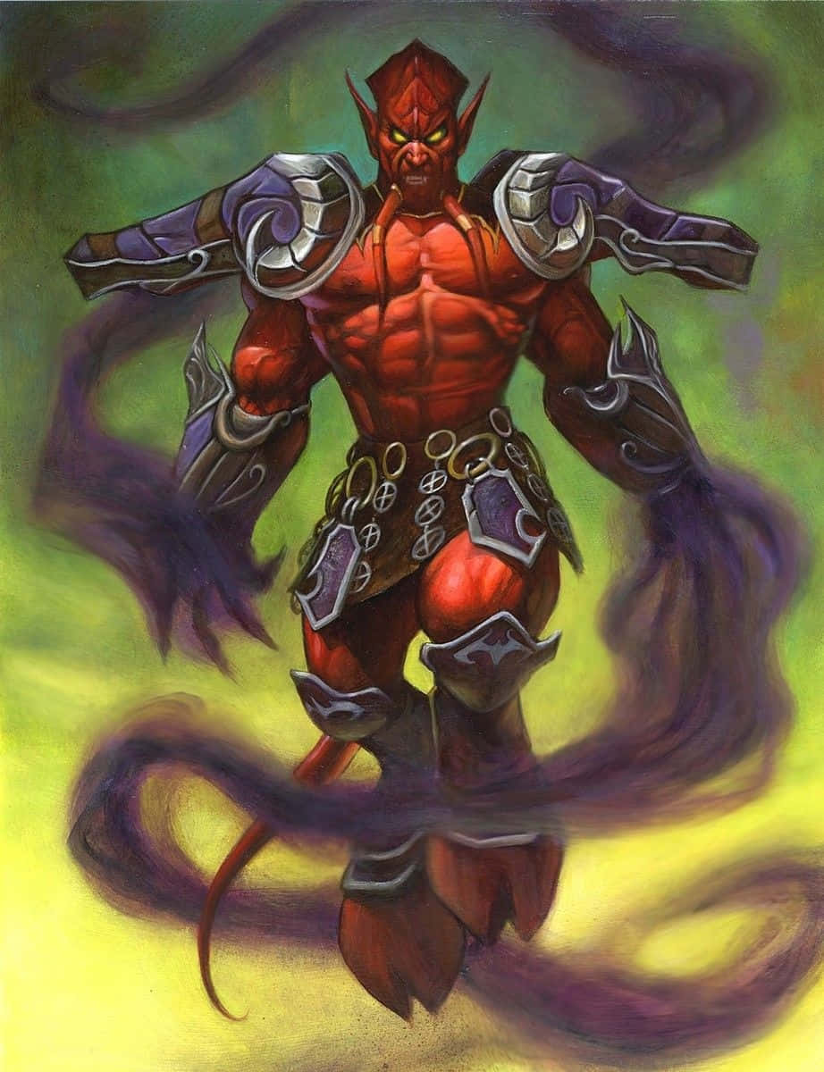 hearthstone phone 桌布 壁紙 — 一個肌肉發達的紅色惡魔，眼睛發光，身穿紫色盔甲，站在旋轉的綠色和黃色背景前，氣勢洶洶。