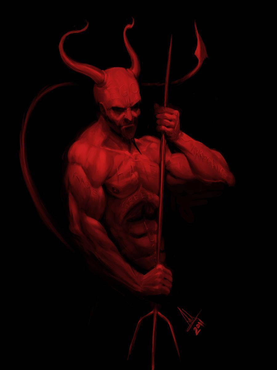 紅色惡魔有角和三叉戟在黑暗環境中 — 惡魔 壁紙
