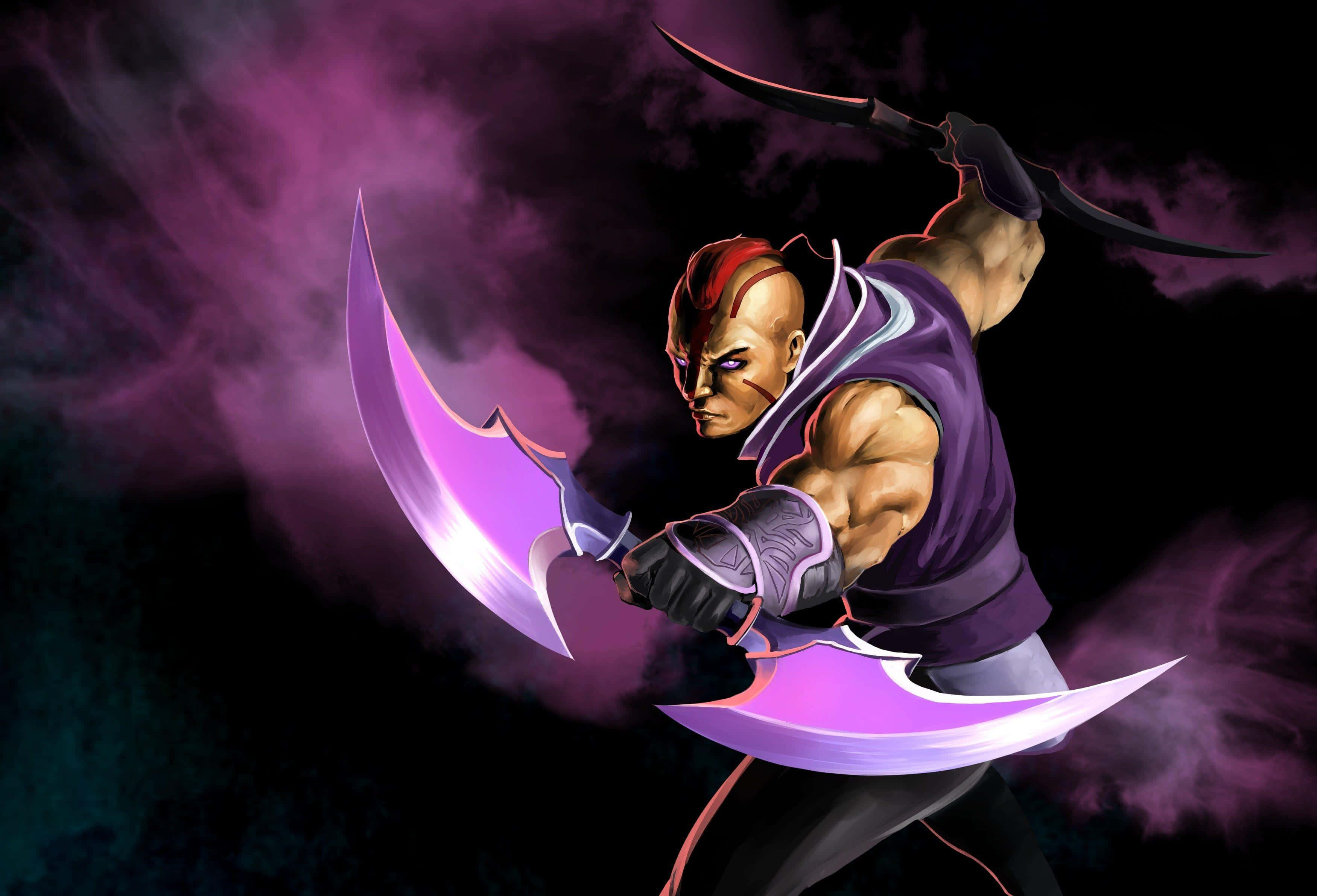 Anti-mage 桌布 壁紙 — 一個肌肉發達的紅髮動漫戰士，在煙霧瀰漫的黑暗背景中揮舞著發光的紫色彎刀。