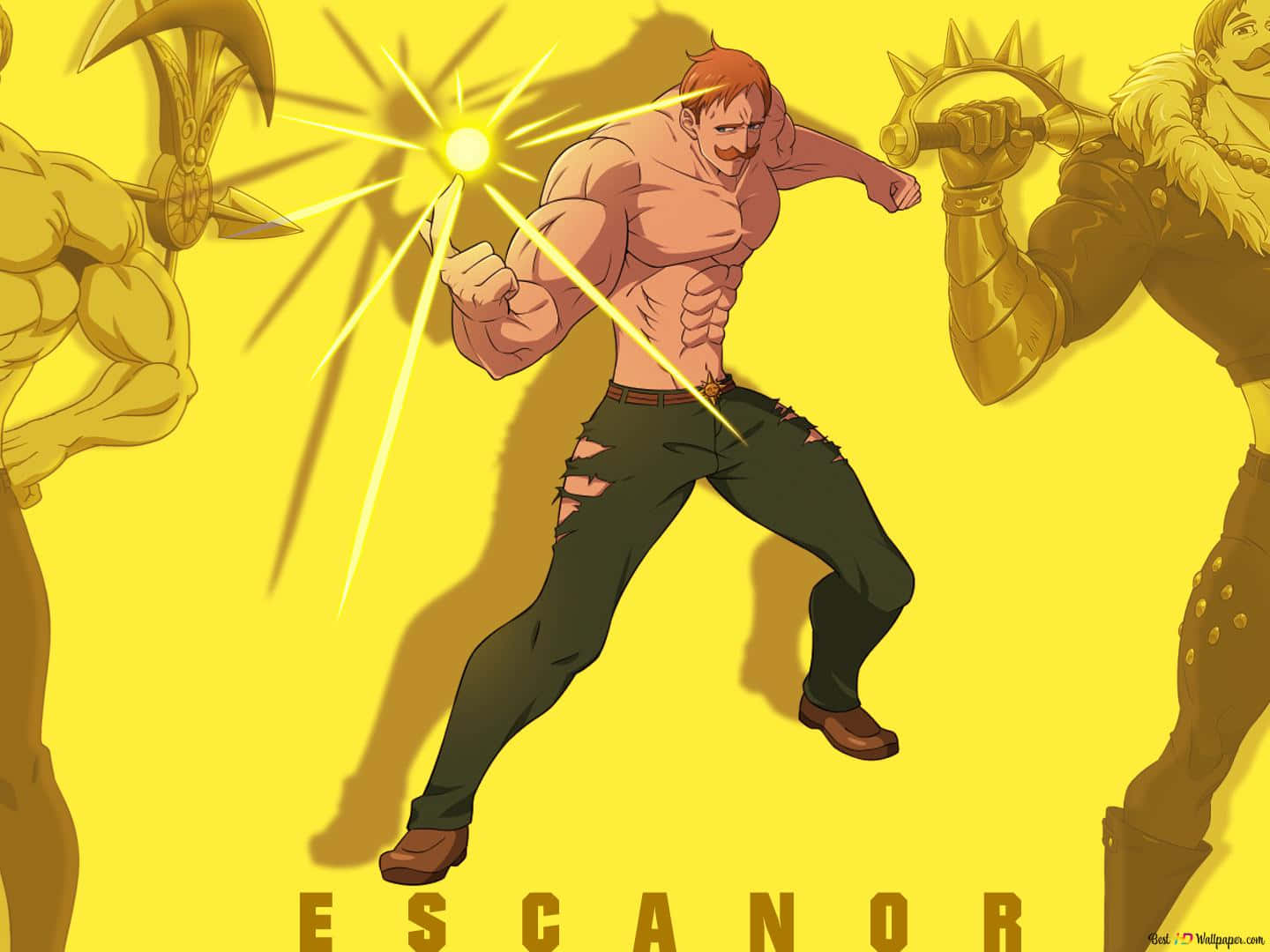 Escanor 桌布 壁紙 — 一個肌肉發達的紅髮動漫戰士向前出拳，金色能量從他的拳頭爆發，背景為純黃色。