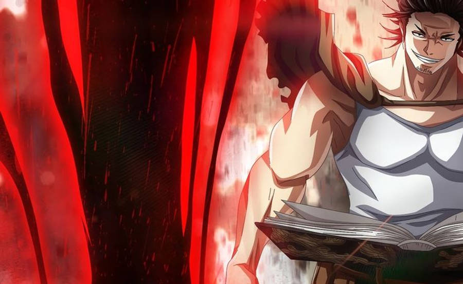 Black Clover Anime 桌布 壁紙 — 一個肌肉發達的紅髮動漫男子咧嘴笑著，在熾熱的紅黑背景前拿著一本打開的書。