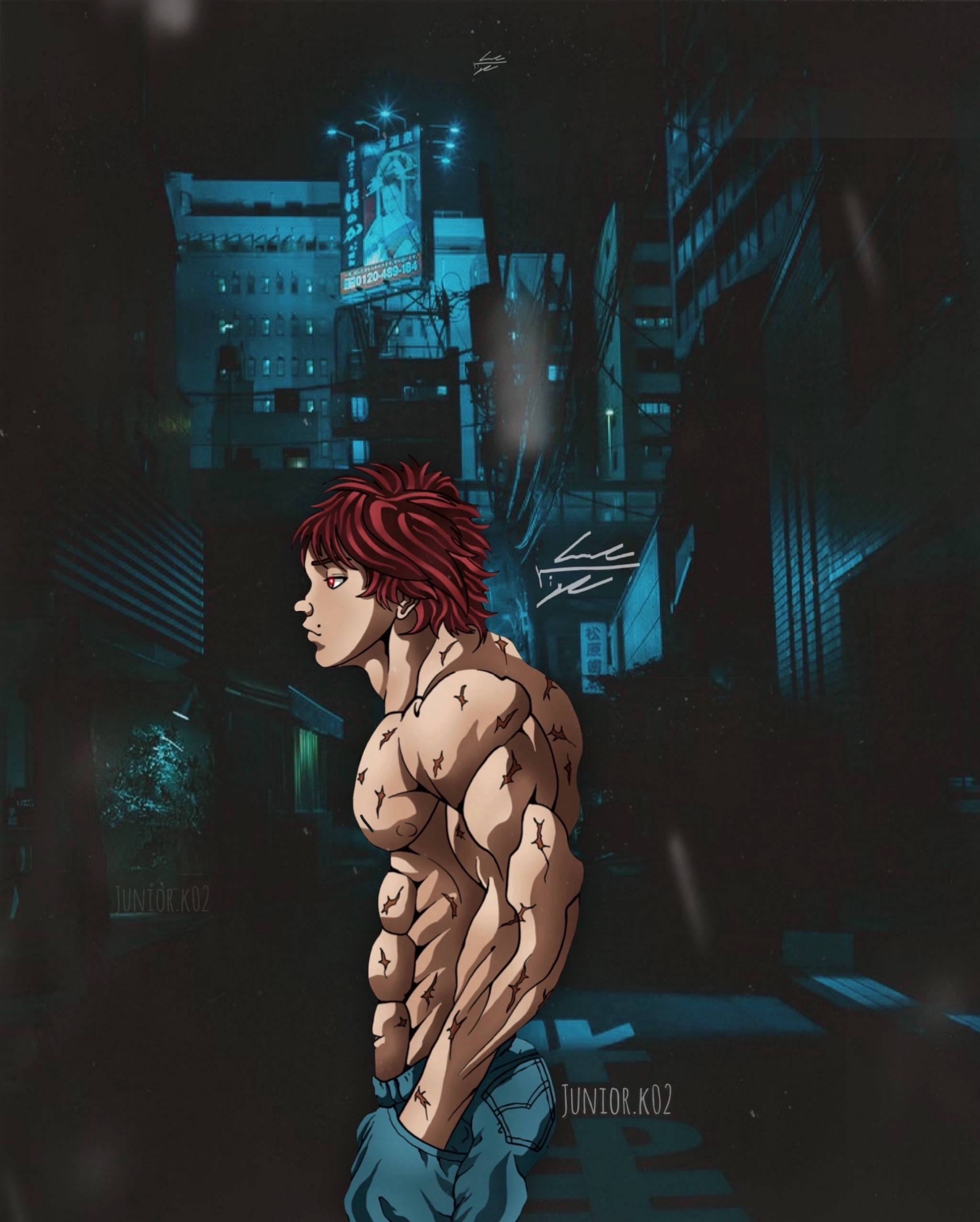 Baki 桌布 壁紙 — 一個肌肉發達的紅髮動漫男子夜晚站在雨中霓虹燈照亮的城市小巷，身後有發光的廣告牌。