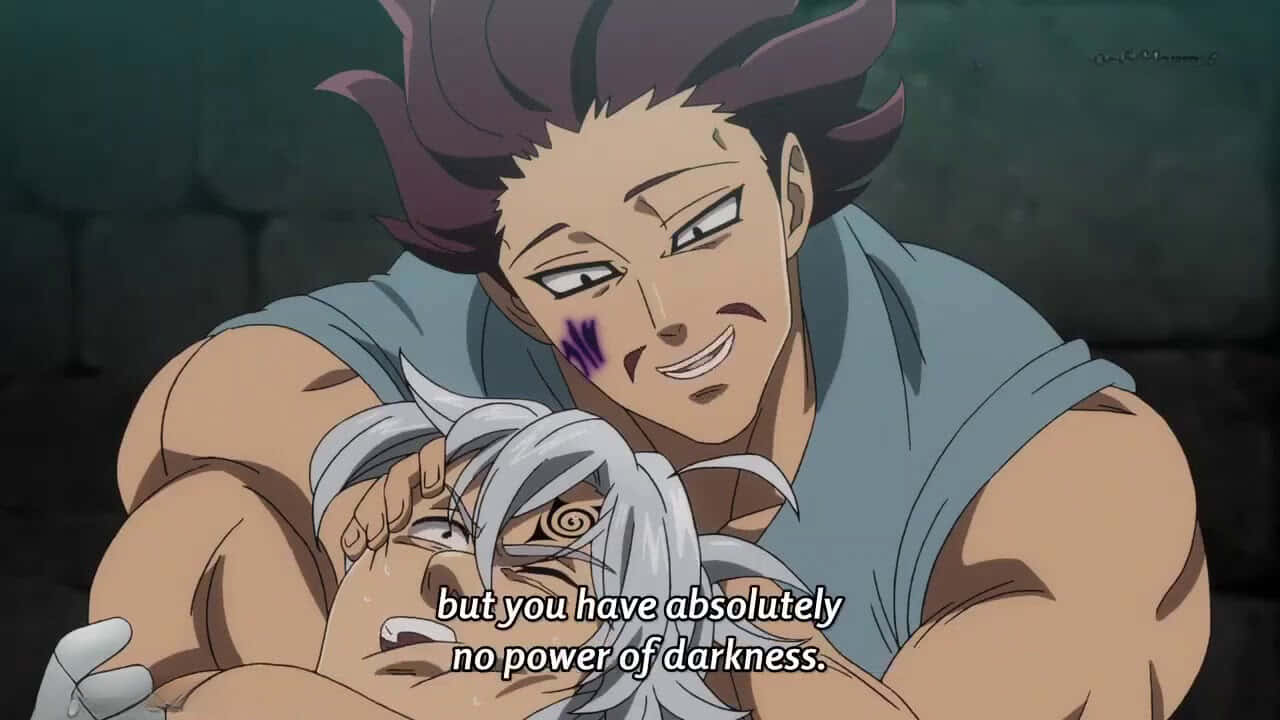 Seven Deadly Sins Monspeet 桌布 壁紙 — 一個肌肉發達的紫髮動漫男子在昏暗的地牢中抱著一個哭泣的銀髮男子。