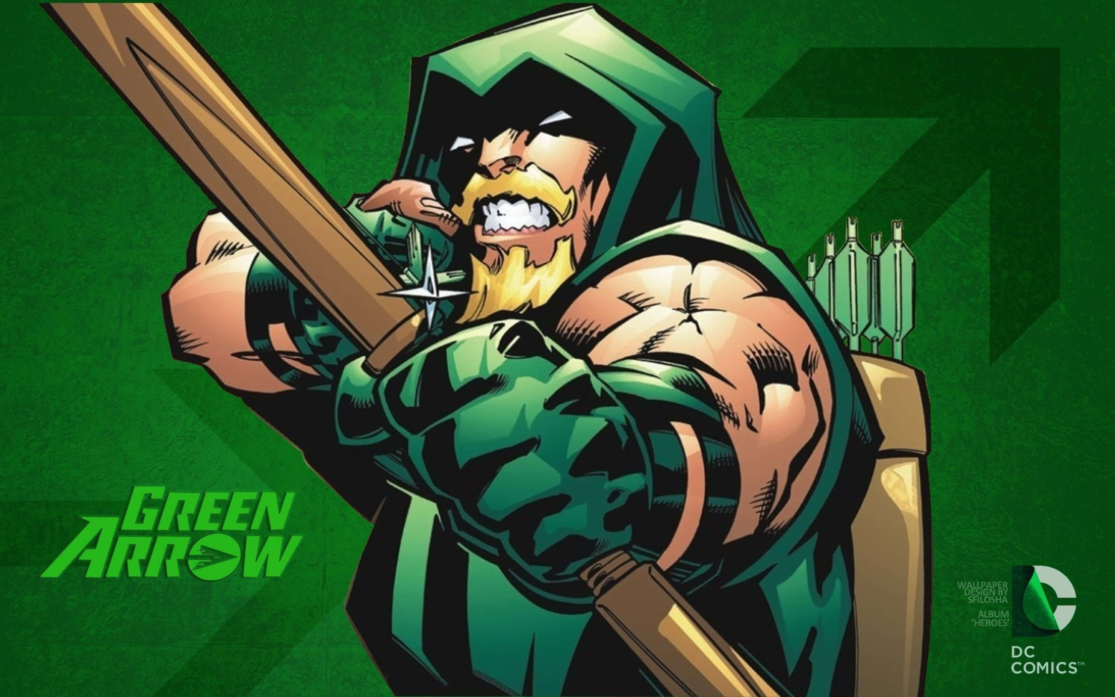Green Arrow 桌布 壁紙 — 一個肌肉發達的綠箭俠穿著綠色連帽服裝，在純綠色背景前以兇猛表情瞄準弓箭。