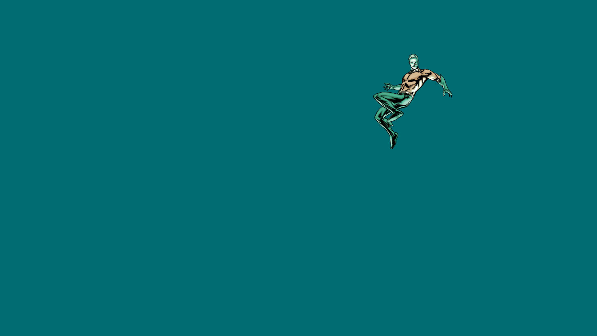 Aquaman 桌布 壁紙 — 一個肌肉發達的綠色套裝超級英雄在純青色背景上動態跳躍。