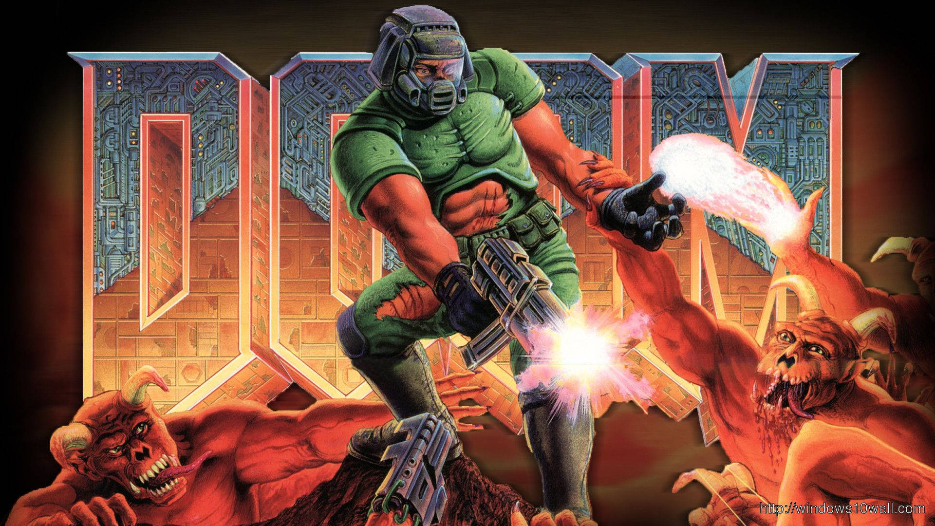 Doom 桌布 壁紙 — 一個肌肉發達的綠色戰士在巨大的「DOOM」標誌下向惡魔生物發射發光武器。