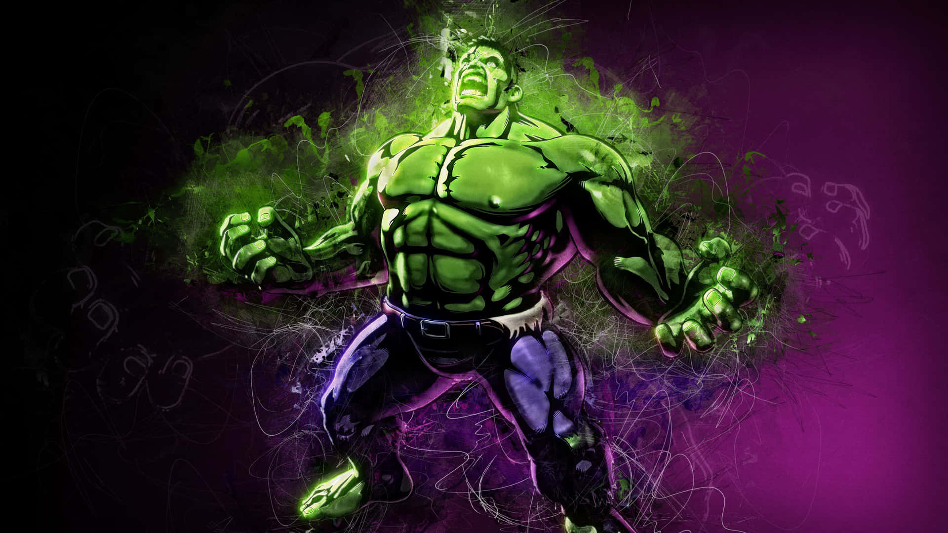 浩克 桌布 壁紙 — 一個肌肉發達的綠色浩克（Hulk）在深紫色背景上，伴隨著發光的綠色飛濺和白色條紋，充滿能量地咆哮。