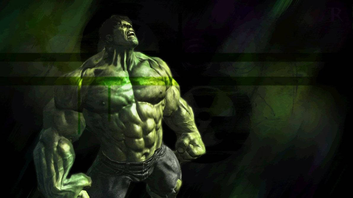Hulk Smash 桌布 壁紙 — 一個肌肉發達的綠色浩克咆哮著，胸前有發光的綠色能量條紋，背景是黑暗的抽象背景。