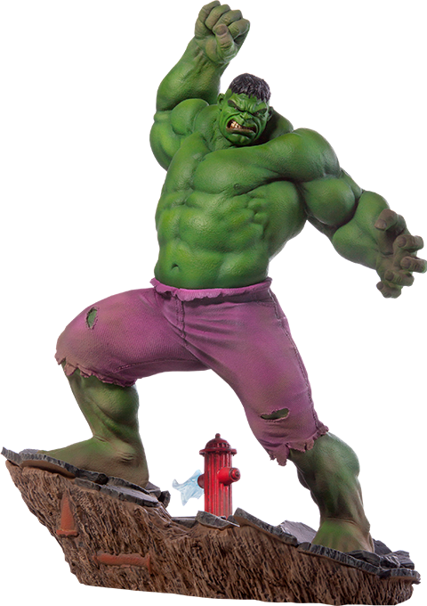 Incredible Hulk 桌布 壁紙 — 一個肌肉發達的綠色浩克雕像以動態姿勢站在岩石底座上，附近有一個紅色消防栓。