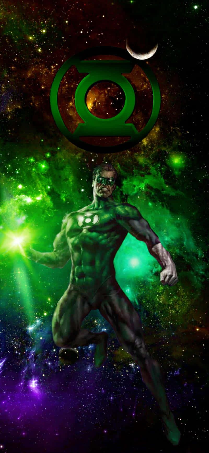 Animated 桌布 壁紙 — 一個肌肉發達的綠色燈籠超級英雄在充滿星星、星雲和新月的宇宙背景下散發力量。